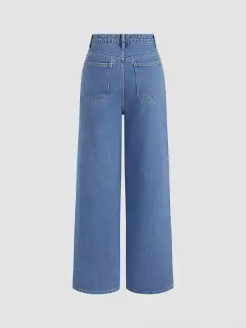 Denim Mid Waist Floral Pocket Wide Leg Jeans