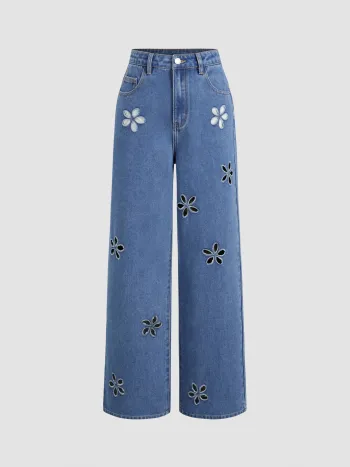 Denim Mid Waist Floral Pocket Wide Leg Jeans