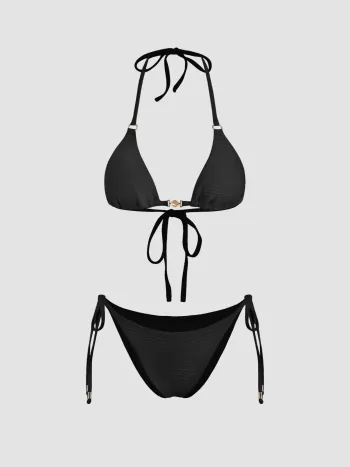 Texture Halter Neckline Tie Side Bikini Set