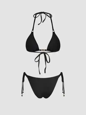 Texture Halter Neckline Tie Side Bikini Set