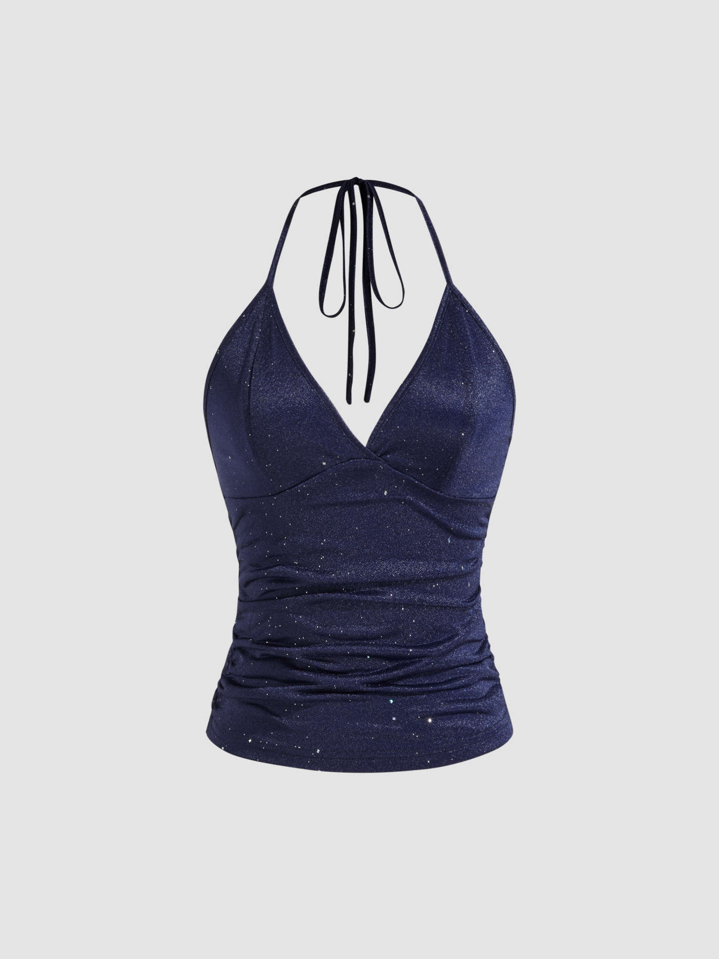 Jersey V-neck Knotted Ruched Glitter Cami Top