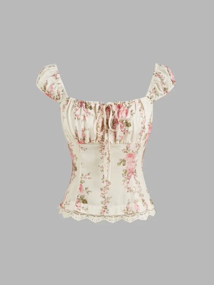 Floral Lace Trim Ruched Knotted Tank Top
