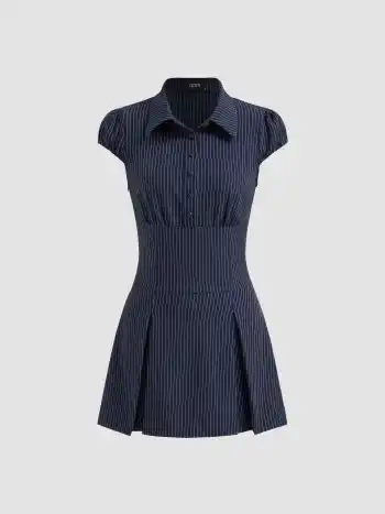 Collar Stripes Pleated Shirt Mini Dress