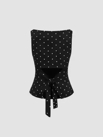 Cotton-blend Boat Neck Knotted Polka Dot Ruched Tank Top
