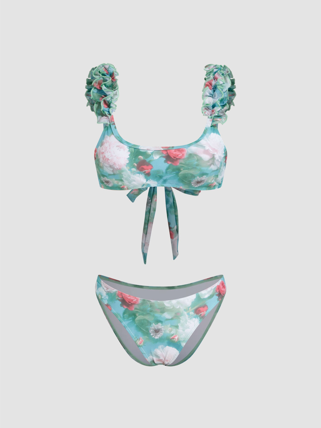 U-neckline Floral Lettuce Trim Bracelet Cheeky Bikini Set