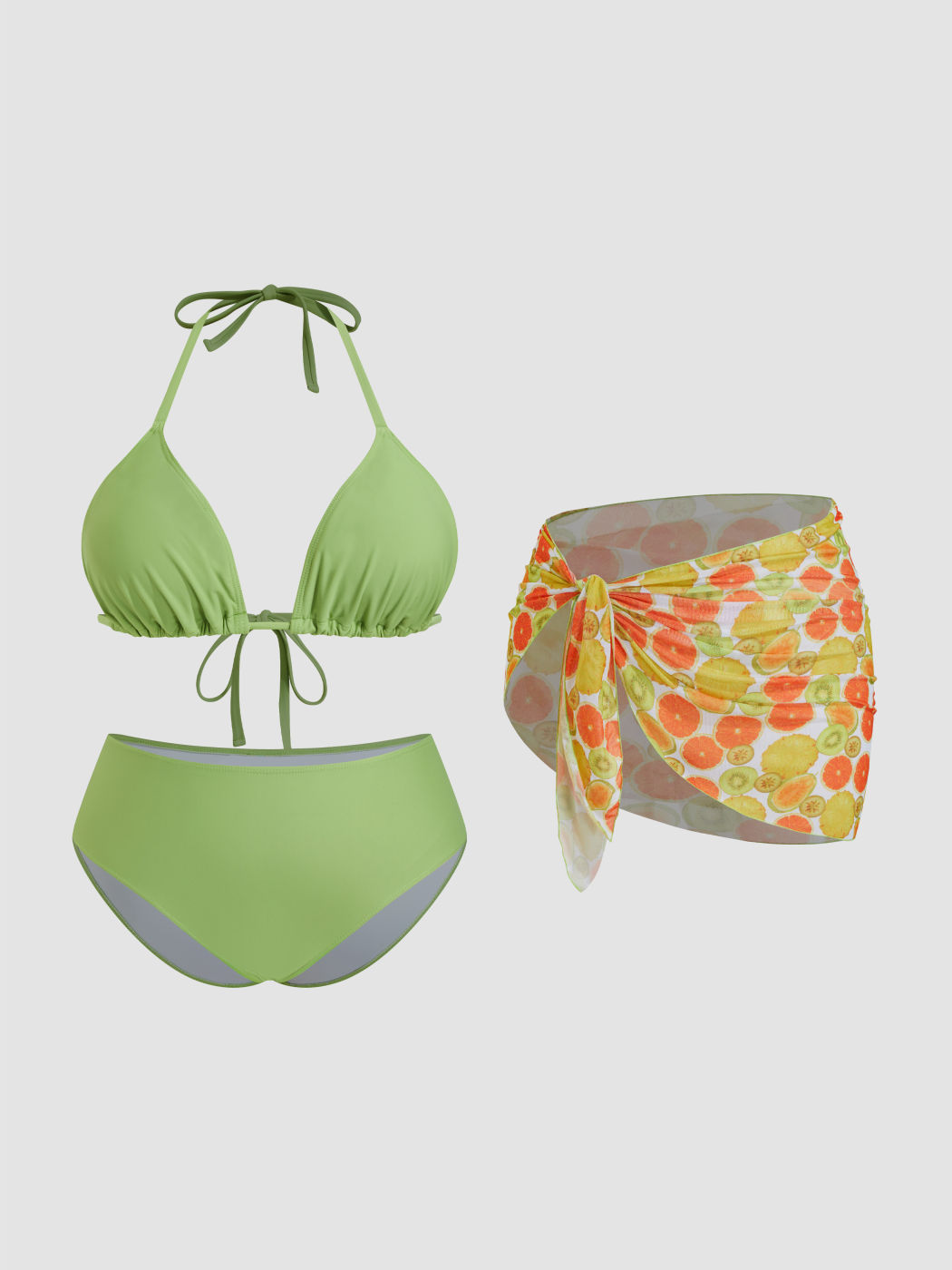 V-neck Knotted Halter Full Coverage Bikini Set With Fruit Sarong Curve & Plus