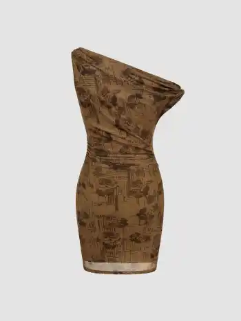 Robe courte en maille à col asymétrique et imprimée de roses, avec torsades et plis