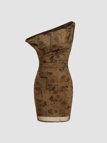 Robe courte en maille à col asymétrique et imprimée de roses, avec torsades et plis