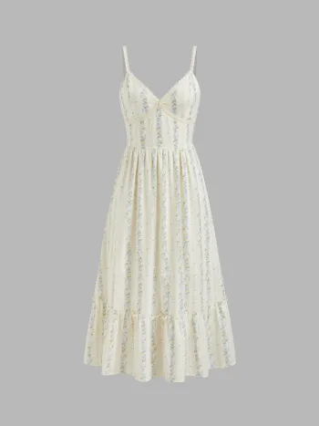 Baumwoll-V-Ausschnitt Blumenprint Shirred Maxikleid