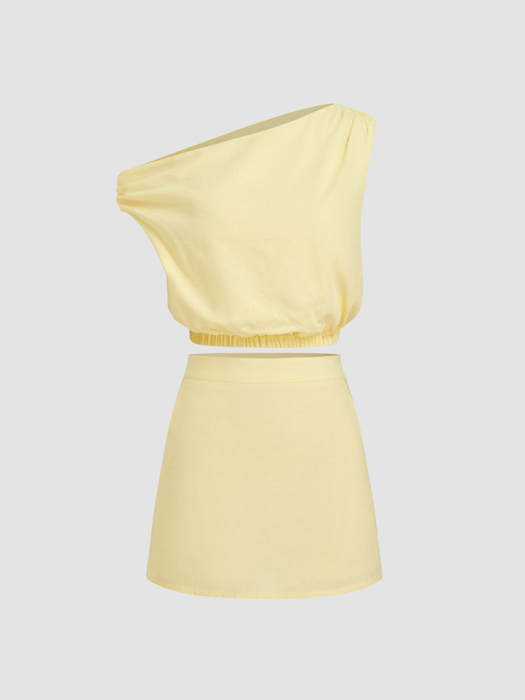 Linen-blend Asymmetrical Neck Elastic Waist Crop Top With Mini Skirt