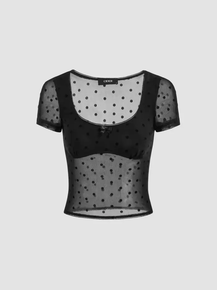 Short Sleeve Polka Dot Black Mesh Top Mesh Mesh U-neckline Polka