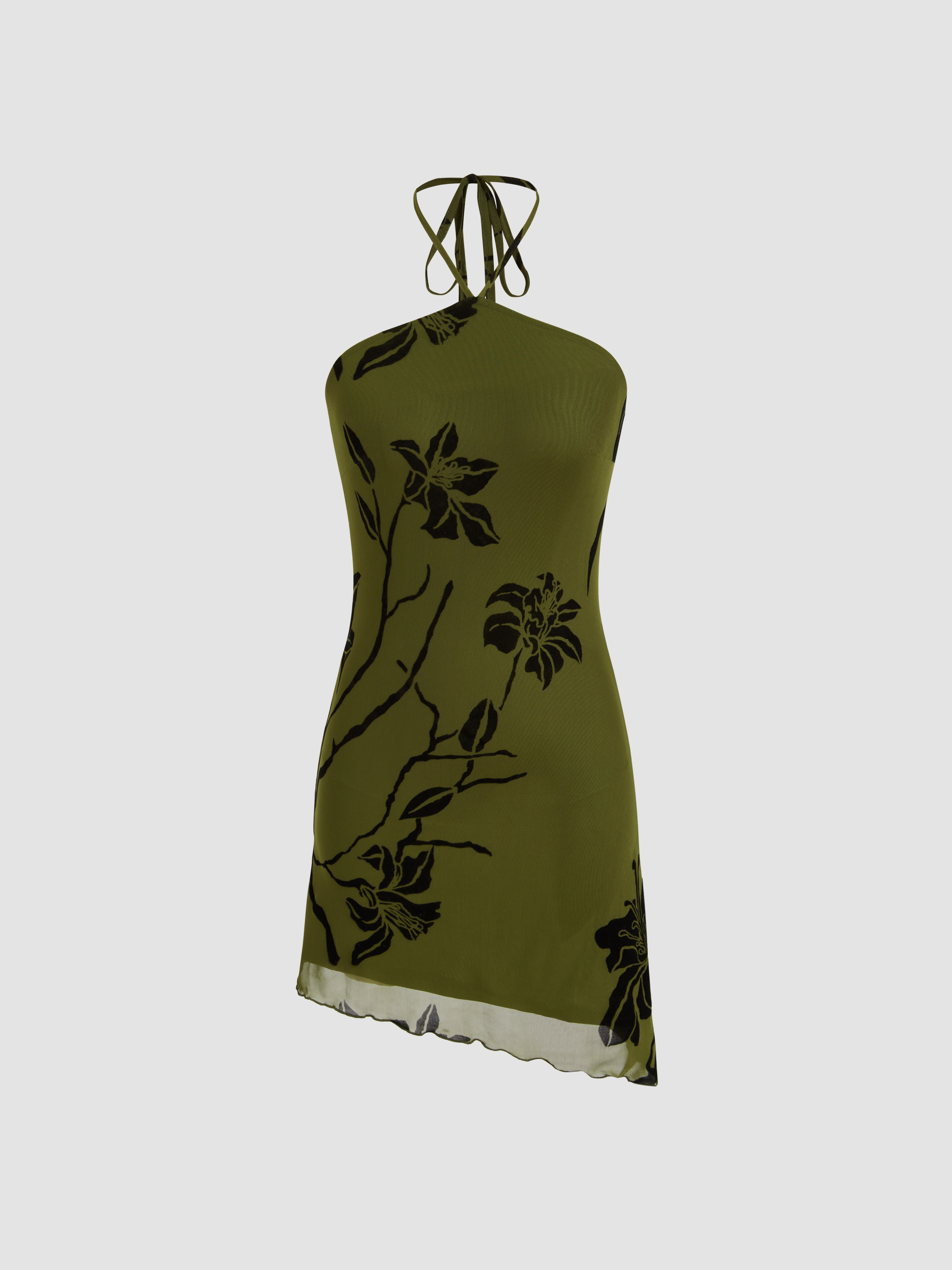 Mesh Halter Neckline Polka Dot Ruched Midi Dress