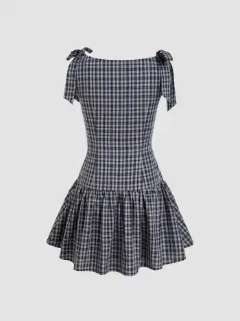100% Cotton Boat Neck Bowknot Plaid Ruffle Mini Dress
