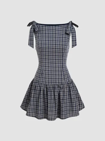 100% Cotton Boat Neck Bowknot Plaid Ruffle Mini Dress