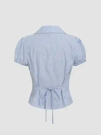 Cotton-blend V-neck Stripe Tie Back Shirt