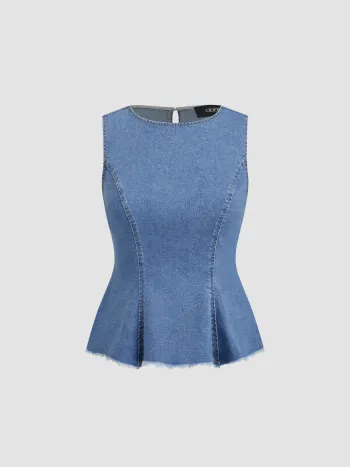 Stretch-Denim-Oberteil mit runder Halsöffnung und Plissee