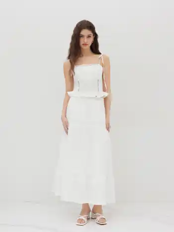 Cotton Mid Rise Embroidery Ruffle Maxi Skirt