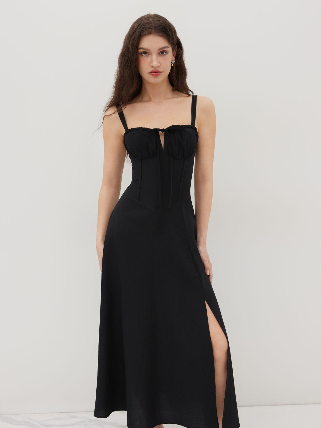 Square Neck Bowknot Corset Ruffle Split Cami Maxi Dress