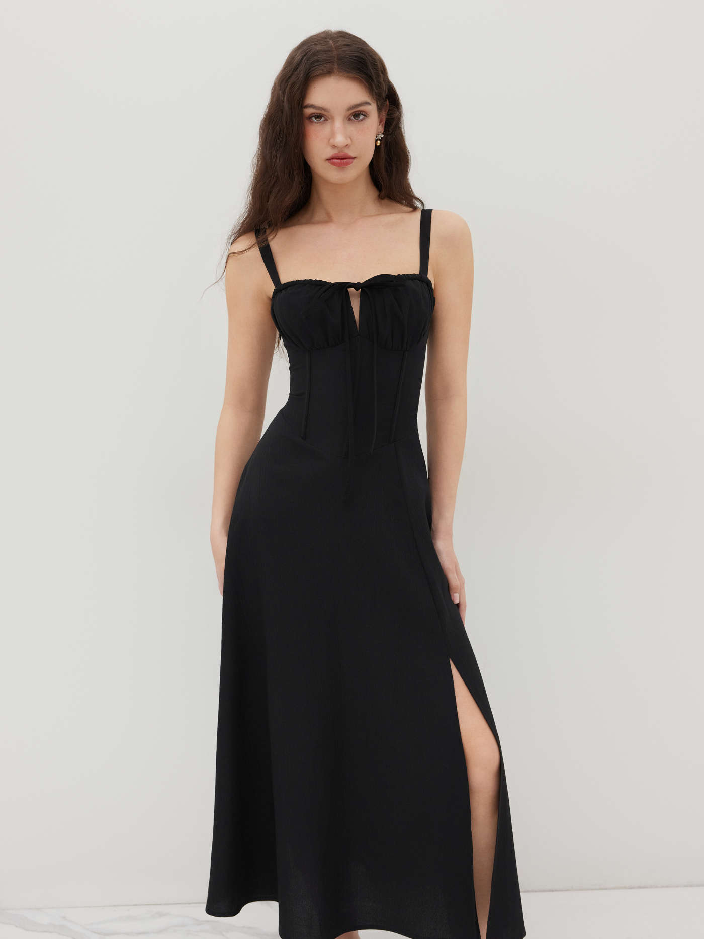 Square Neck Bowknot Corset Ruffle Split Cami Maxi Dress