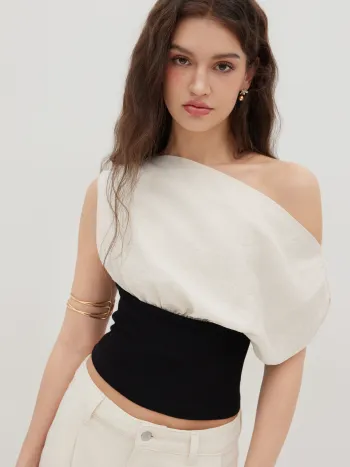 Linen-blend Asymmetrical Neck Two Tone Ruched Top