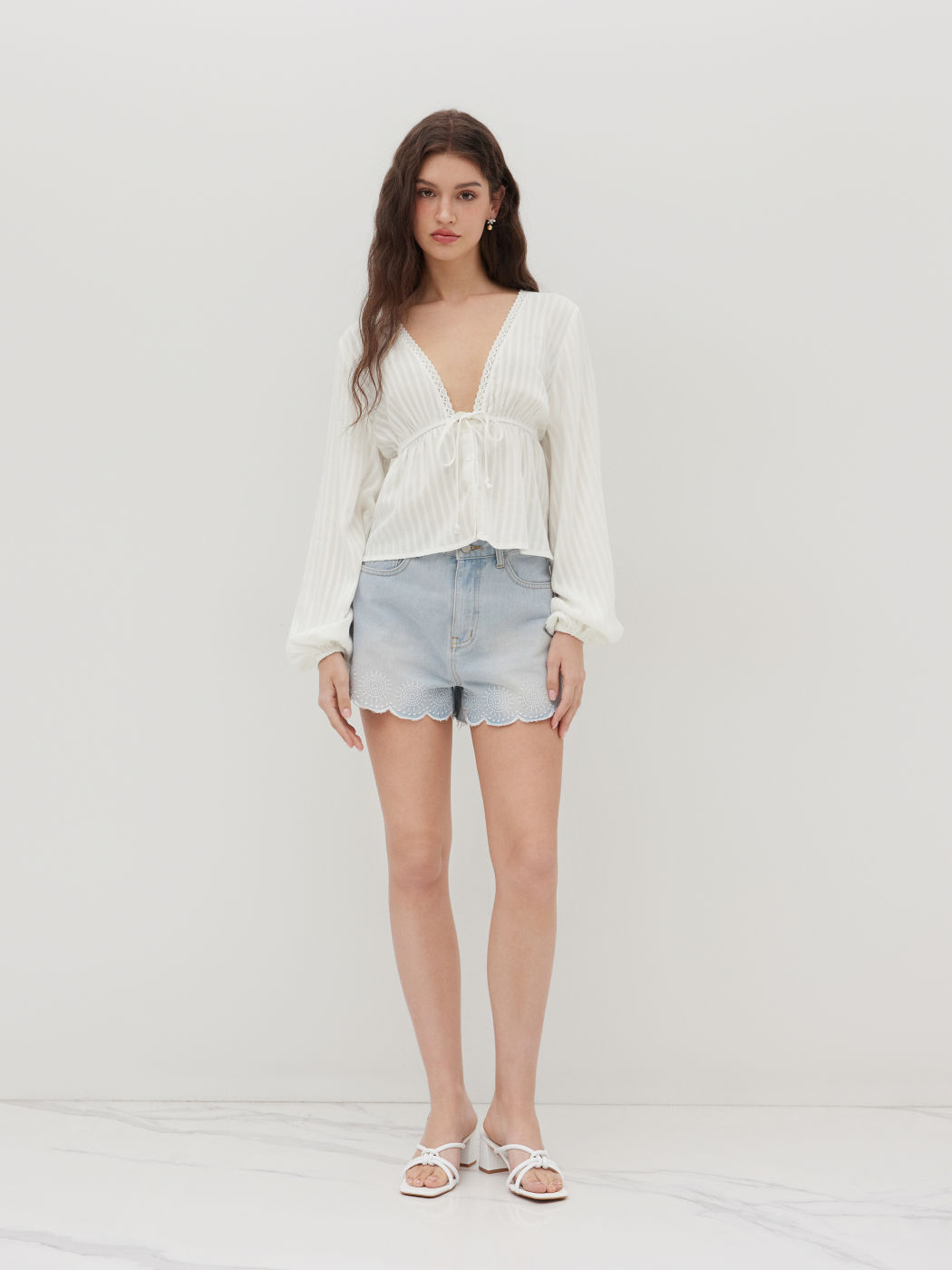 V-neck Striped Ruffle Long Sleeve Blouse