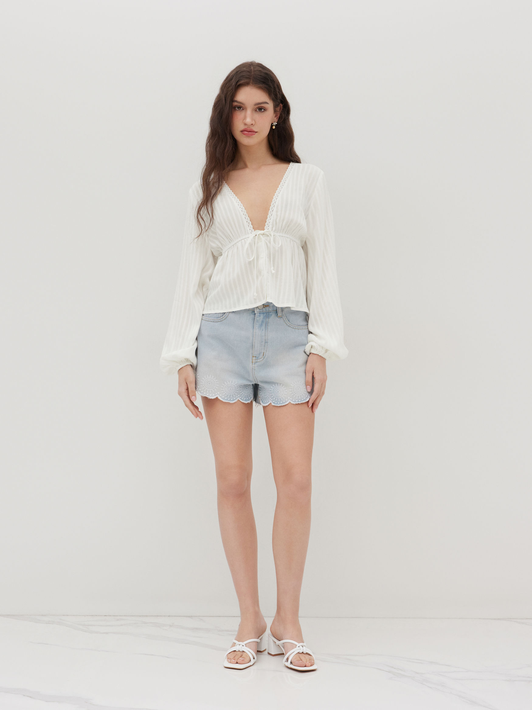 V-neck Striped Ruffle Long Sleeve Blouse