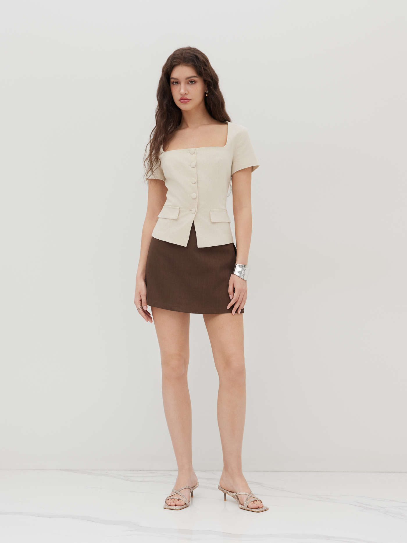 Linen-blend Button Split Short Sleeve Top