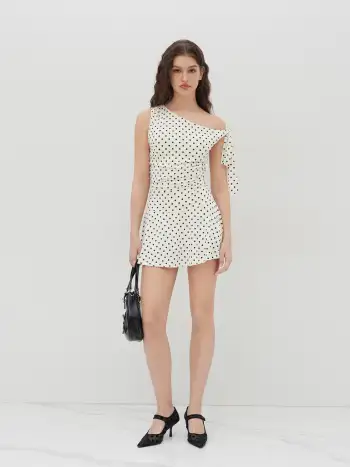 Polka Dot Asymmetrical Neck Ruched Romper