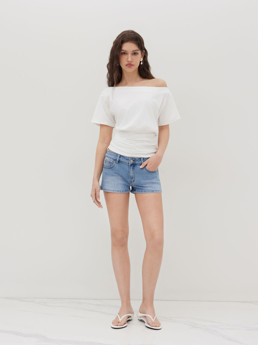 Cotton-blend Asymmetrical Neck Ruched Tee