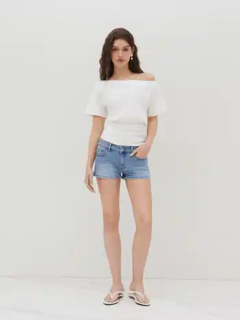 Baumwollmischung Asymmetrischer Hals Rüschiges T-Shirt