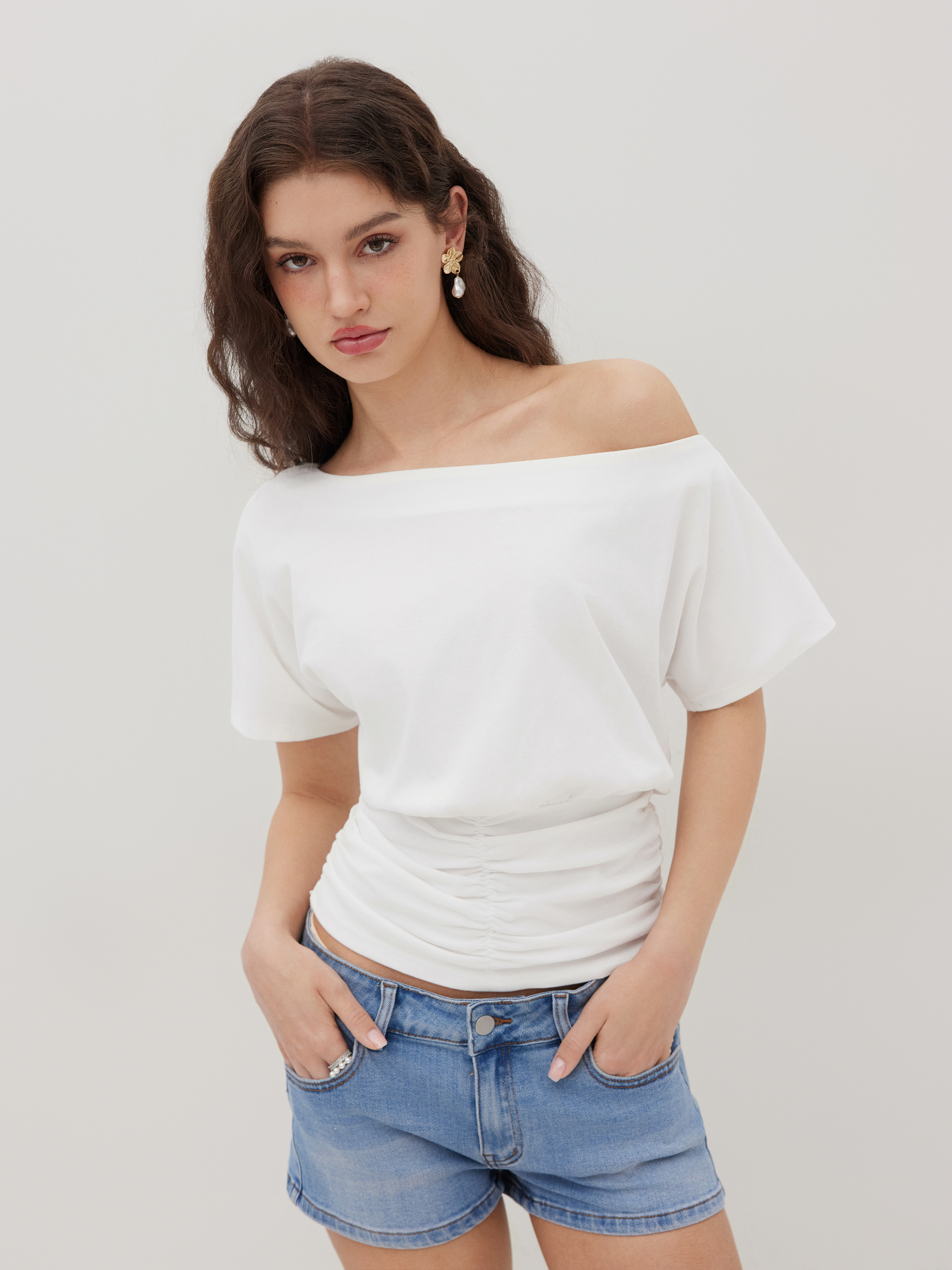Knit Fabric Cotton-blend Asymmetrical Neck Ruched Tee For Work