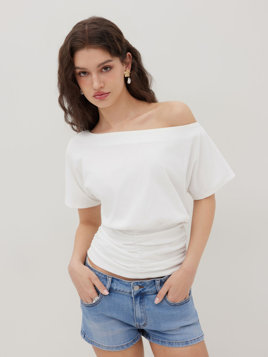Cotton-blend Asymmetrical Neck Ruched Tee