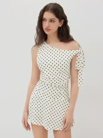 Polka Dot Asymmetrical Neck Ruched Romper