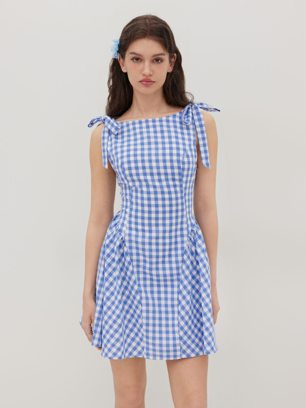 Cotton-blend Boat Neck Gingham Bowknot Mini Dress