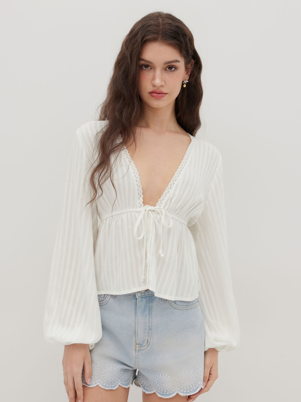 V-neck Striped Ruffle Long Sleeve Blouse