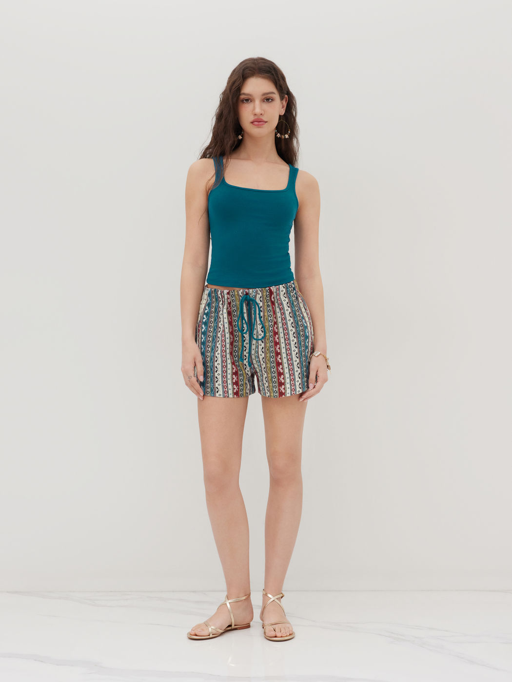 Square Neck Solid Crop Tank Top With Mid Rise Aztec Knotted Pocket Shorts