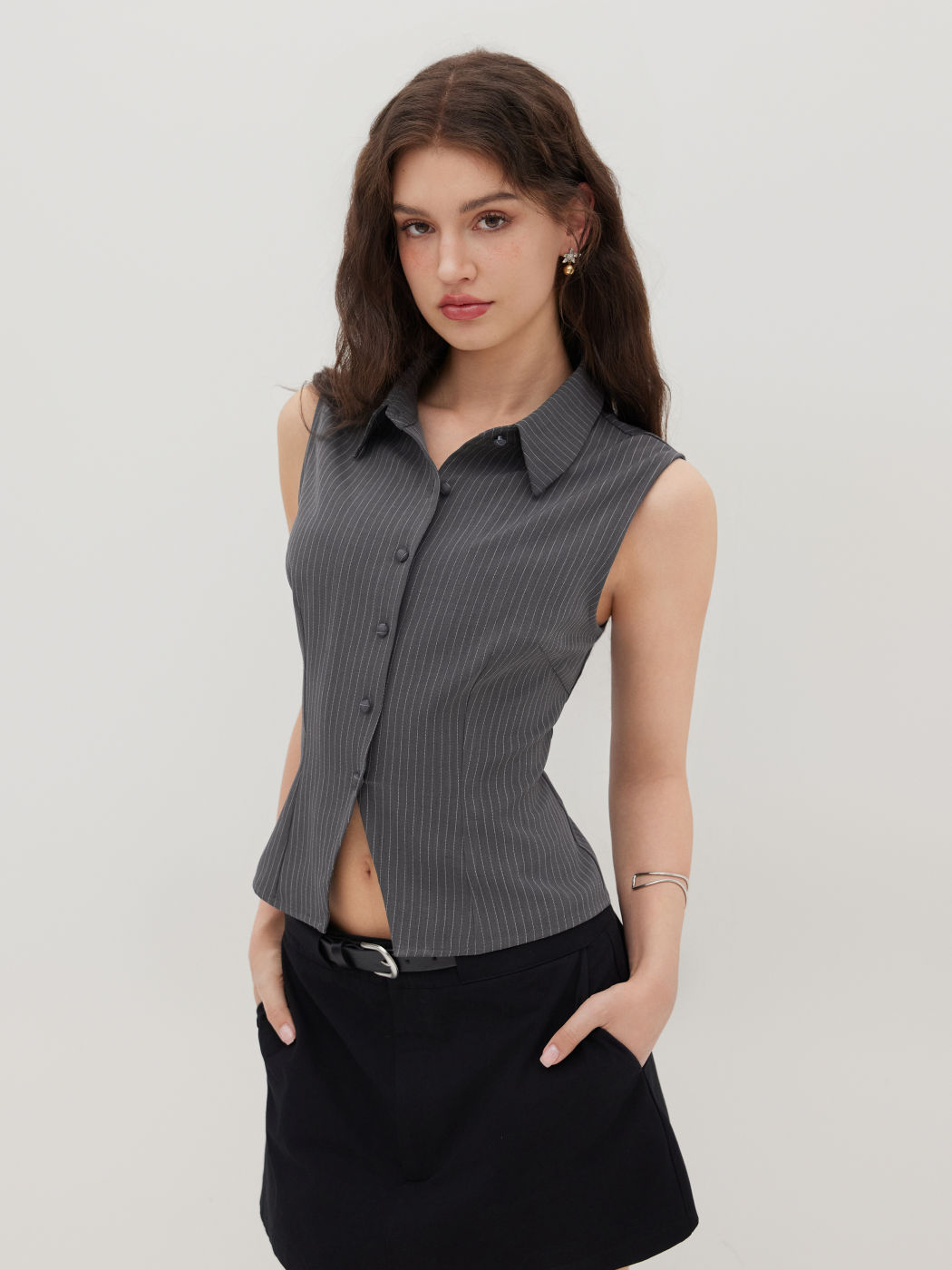 Collar Stripe Button Through Tank Top