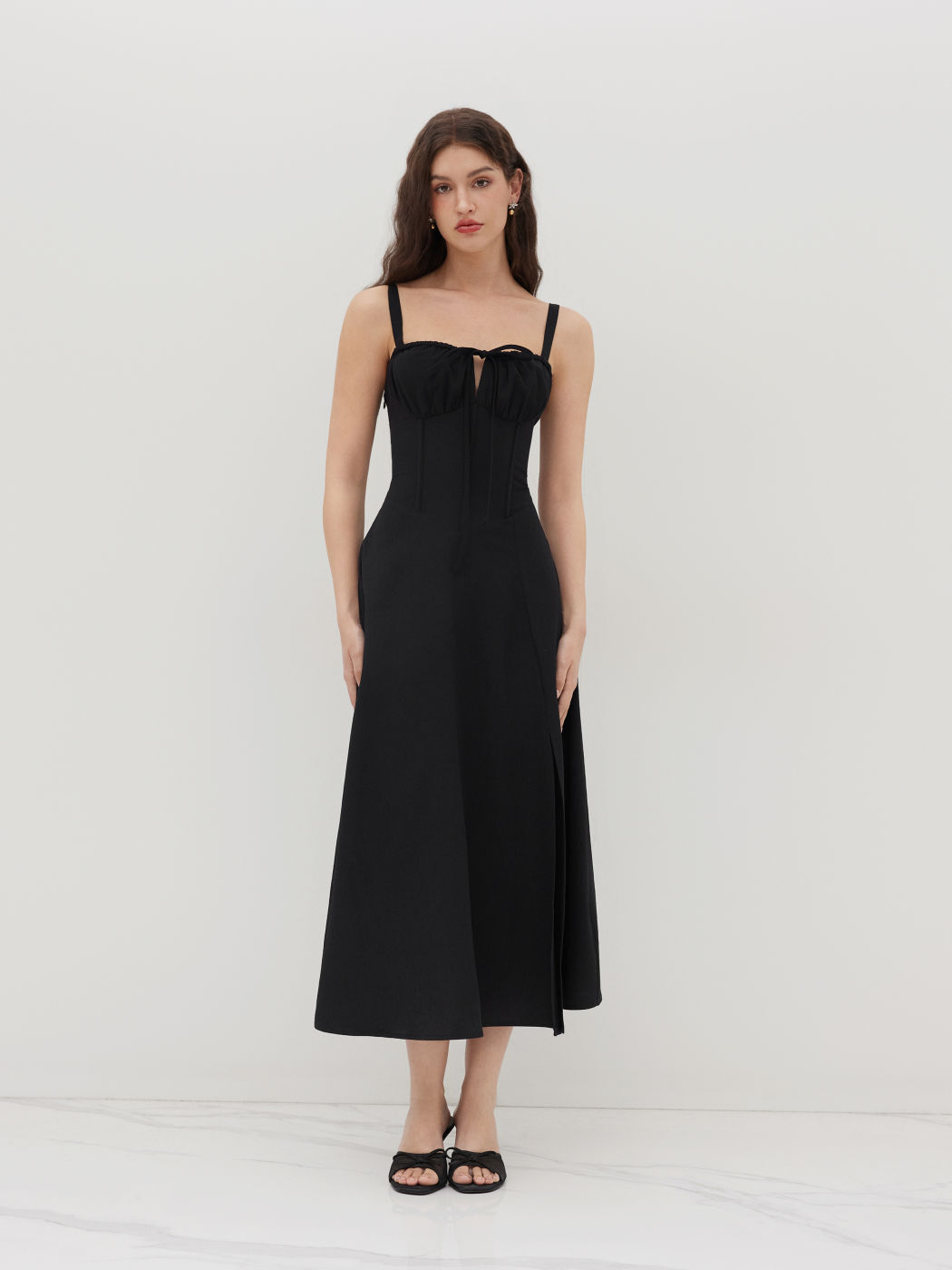 Square Neck Bowknot Corset Ruffle Split Cami Maxi Dress