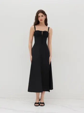 Square Neck Bowknot Corset Ruffle Split Cami Maxi Dress