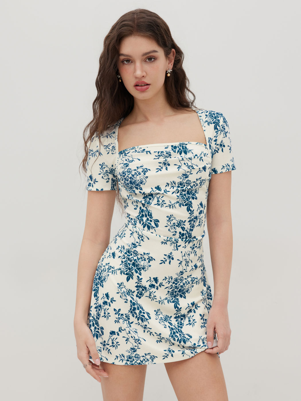Square Neck Toile de Jouy Ruched Mini Dress