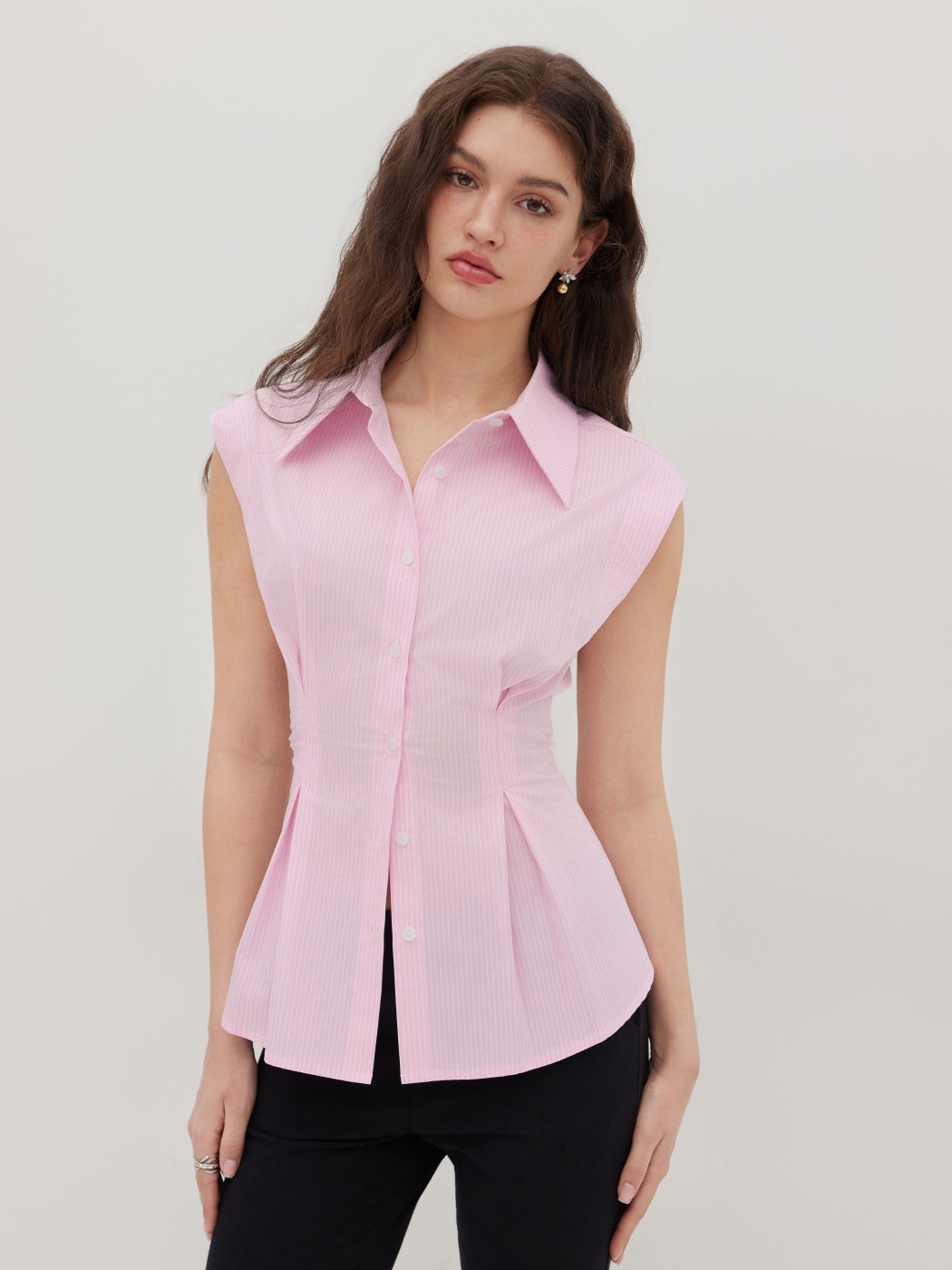 100% Cotton Collar Stripe Cinched Waist Shirt