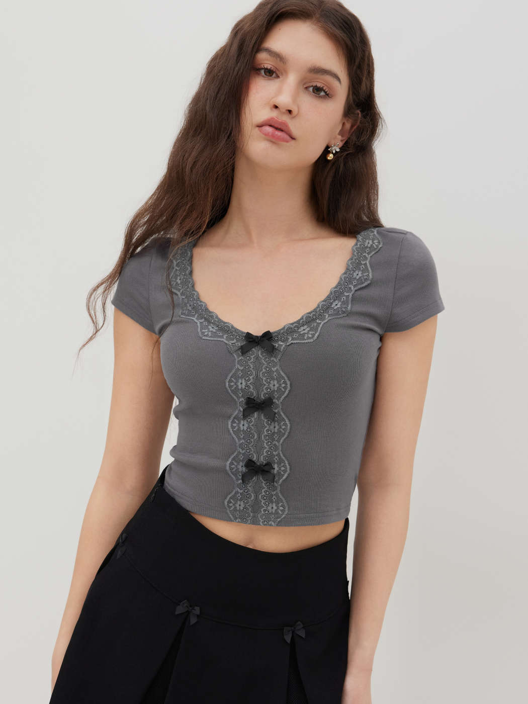 Tricot V-neck Lace Trim Bowknot Crop Top For Décontracté quotidien