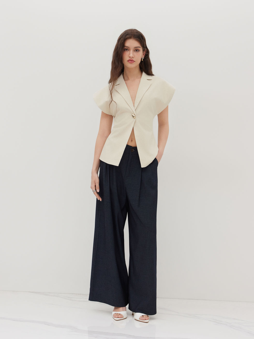 Linen-blend V-neck Dolman Sleeve Blazer Vest