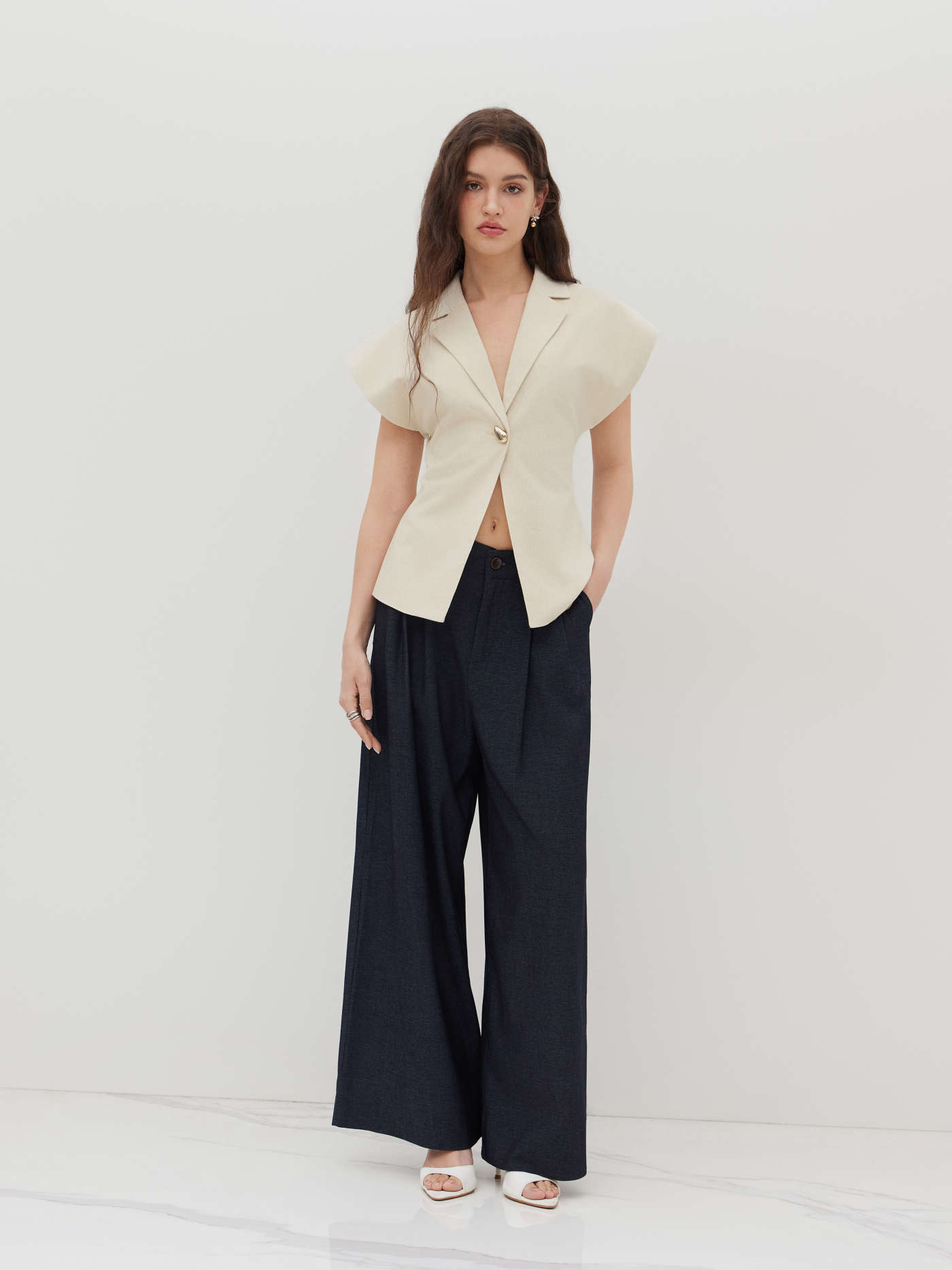 Linen-blend V-neck Dolman Sleeve Blazer Vest