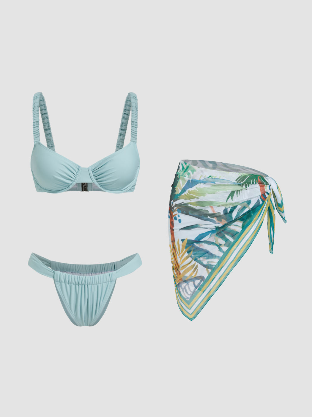 Set bikini con ferretto e scollo a V arricciato con pareo con grafica di palma da cocco