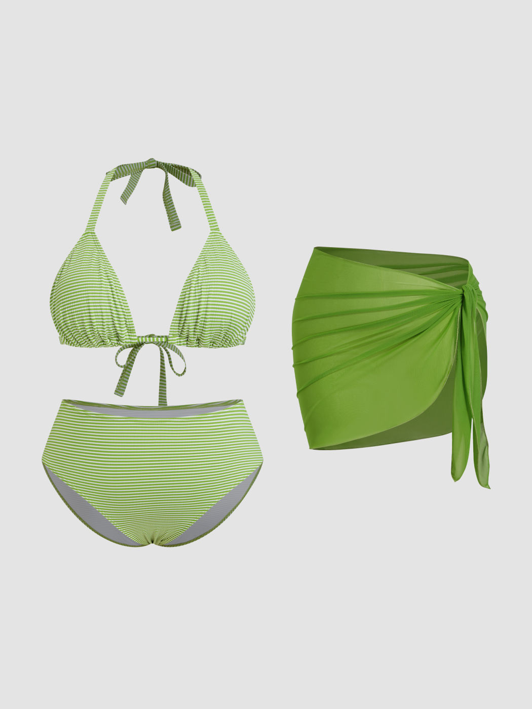 V-neck Stripe Knotted Halter Full Coverage Bikini Set With Sarong Curve & Plus