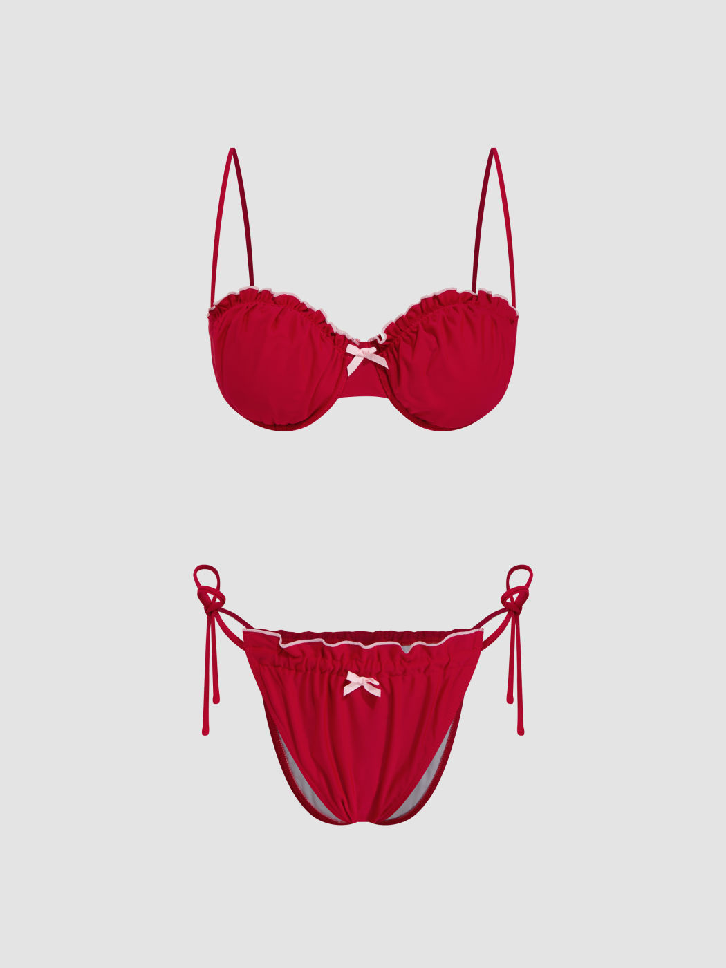 Sweetheart Bowknot Lettuce Trim Underwire Tie Side Bikini Set