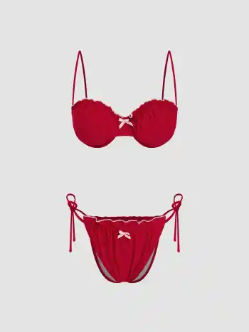 Sweetheart Bowknot Lettuce Trim Underwire Tie Side Bikini Set