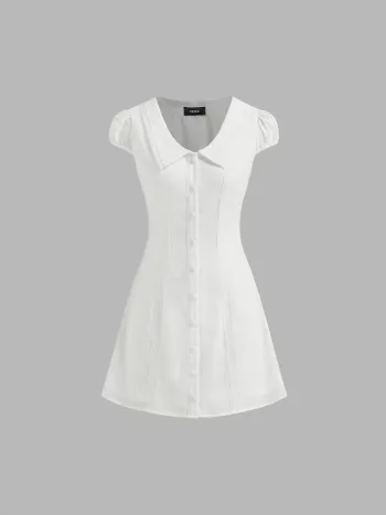 Cotton Collar Embroidery Button Through Mini Dress