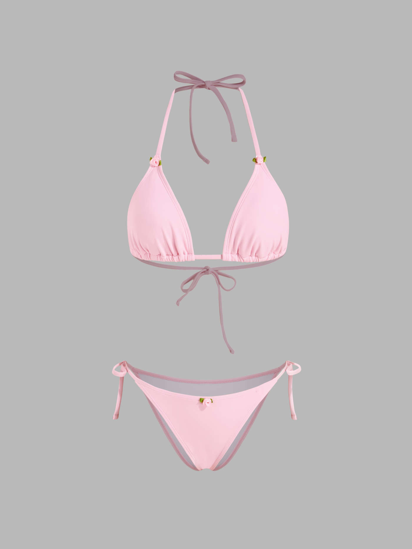 Halter Neckline Rose Detail Triangle Bikini Set With Cover Up Top